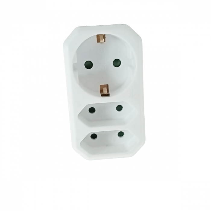 Triplu stecher clasic pentru priza retea cu 1xSchuko si 2xEuro, 21904, 3680W, 250V, 16A, alb [1]