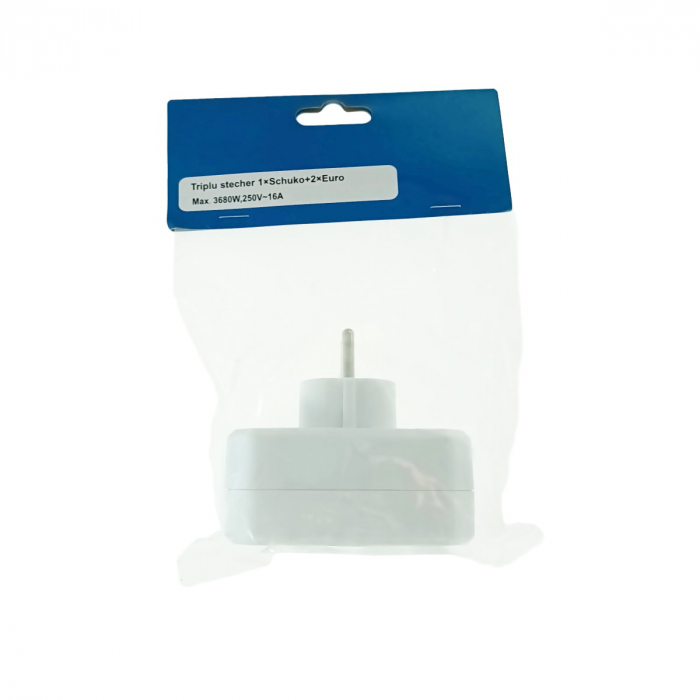 Triplu stecher clasic pentru priza retea cu 1xSchuko si 2xEuro, 21904, 3680W, 250V, 16A, alb [5]