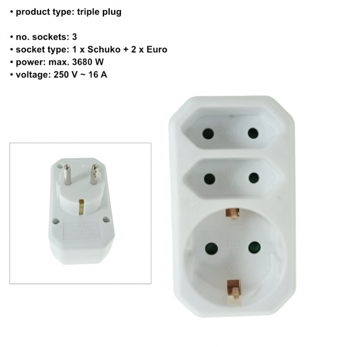 Triplu stecher clasic pentru priza retea cu 1xSchuko si 2xEuro, 21904, 3680W, 250V, 16A, alb [6]