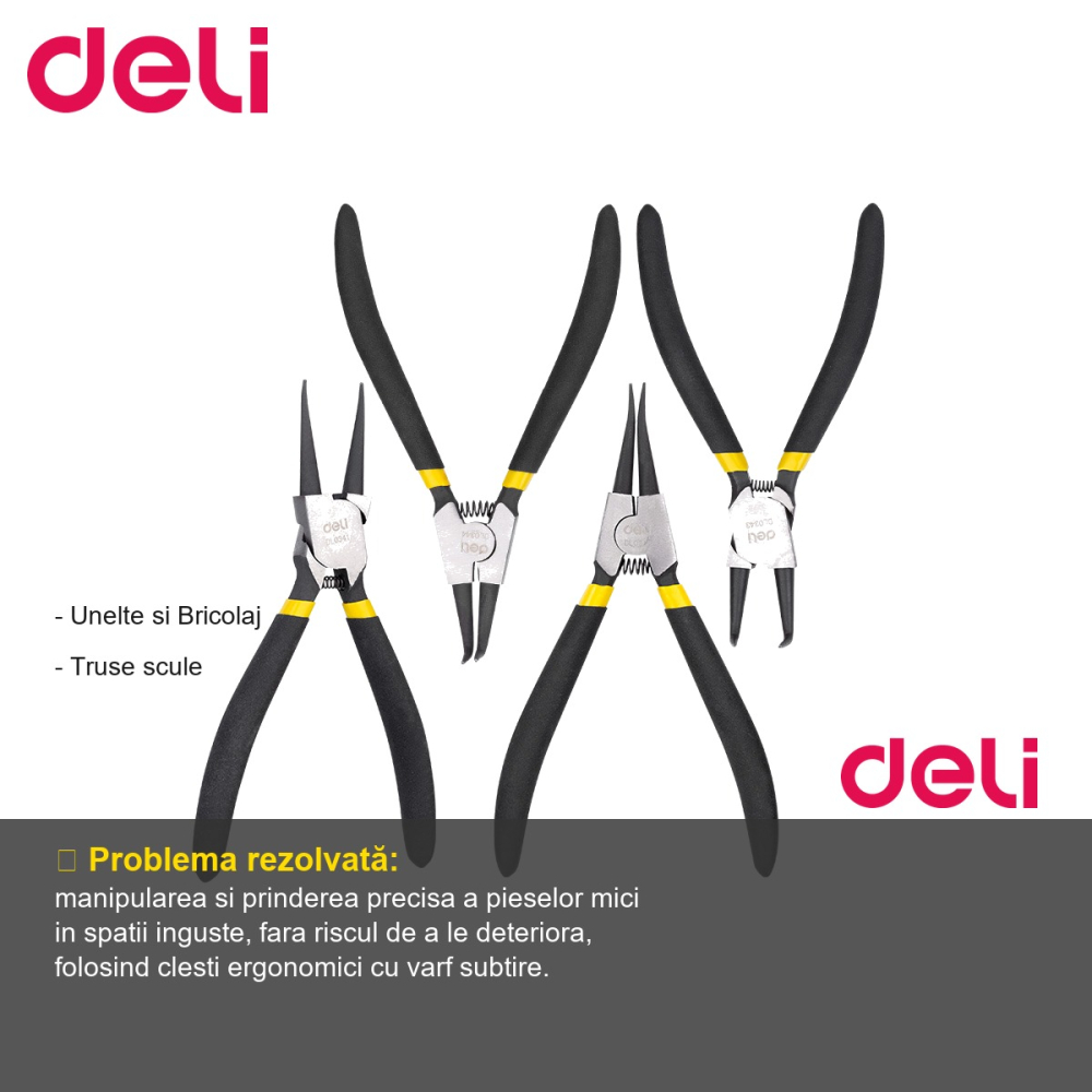 Trusa 4 clesti cu varf subtire Deli, 7 inch, design curbat, pentru lucrari de precizie [2]