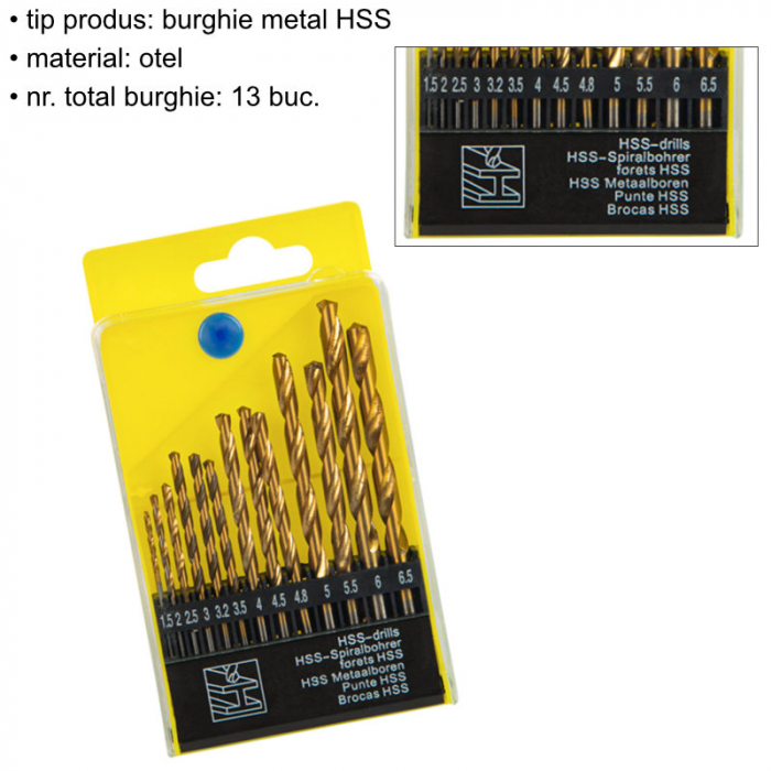 Trusa burghie pentru metal HSS, cod 05464, 13 bucati, 1.5mm-6.5mm, cutie depozitare, galbena [4]
