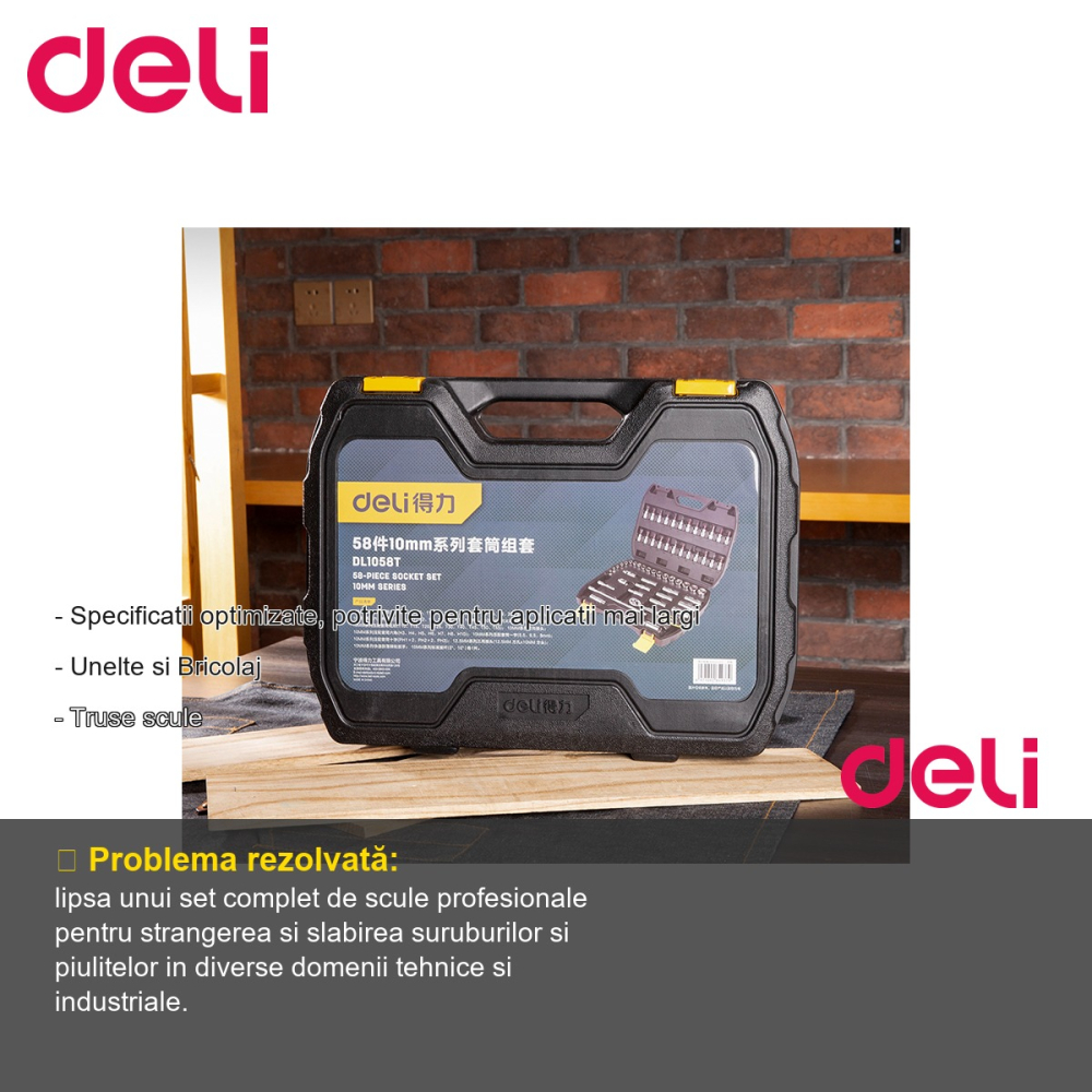 Trusa chei tubulare cu clichet si biti Deli, 58 piese, otel Cr-V, pentru profesionisti si bricolaj [2]