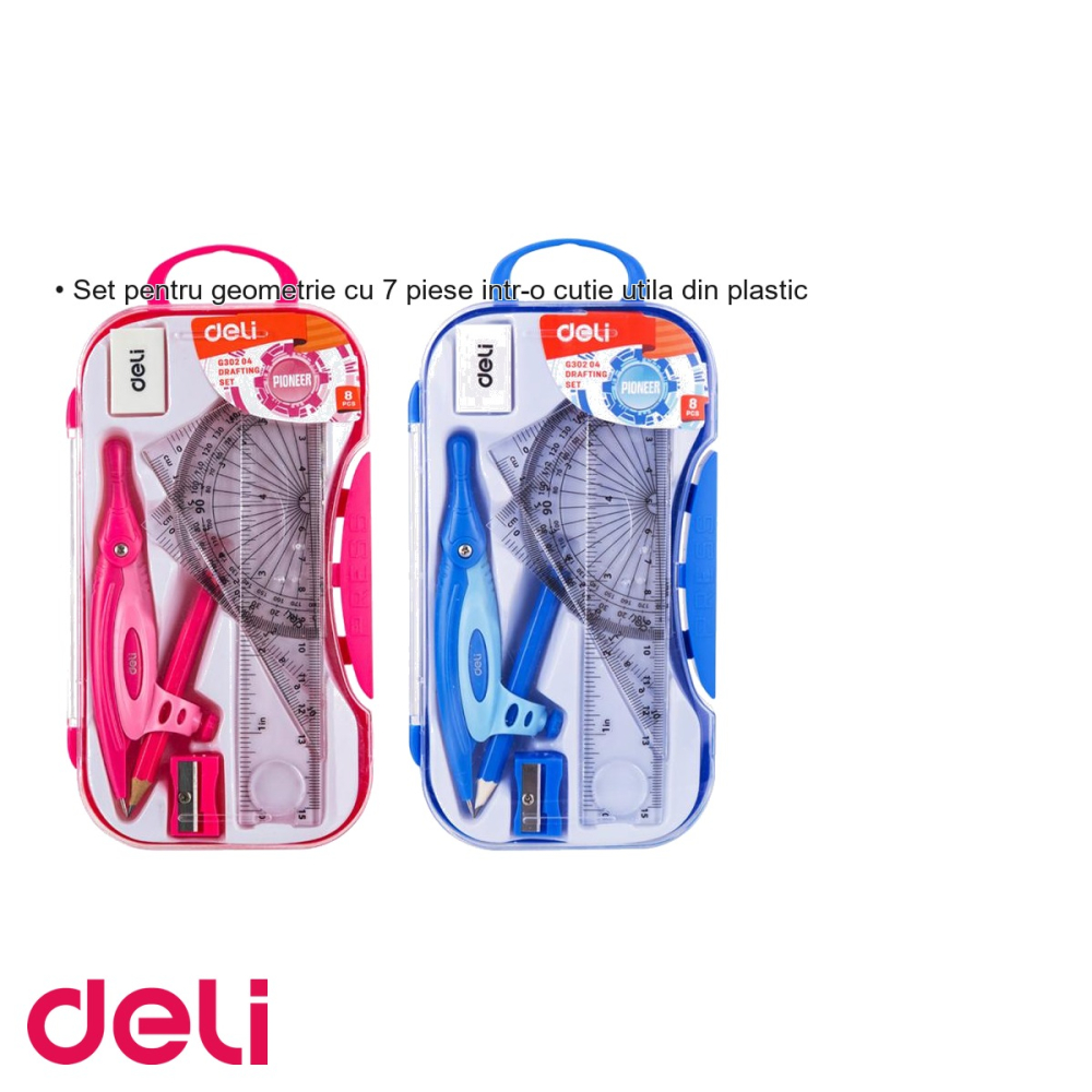 Trusa geometrie Deli, 7 piese in cutie plastic, rigla, echere, raportor, compas, pentru scoala [3]