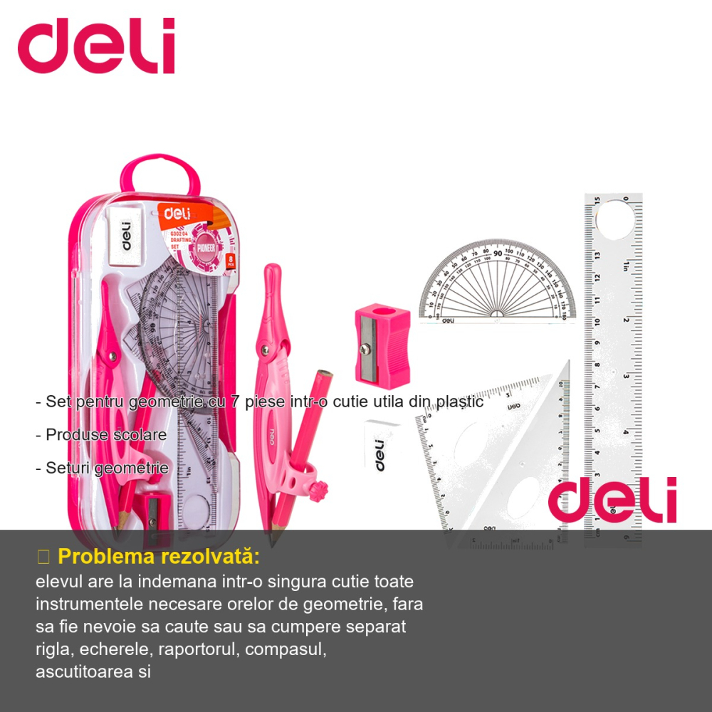 Trusa geometrie Deli, 7 piese in cutie plastic, rigla, echere, raportor, compas, pentru scoala [2]