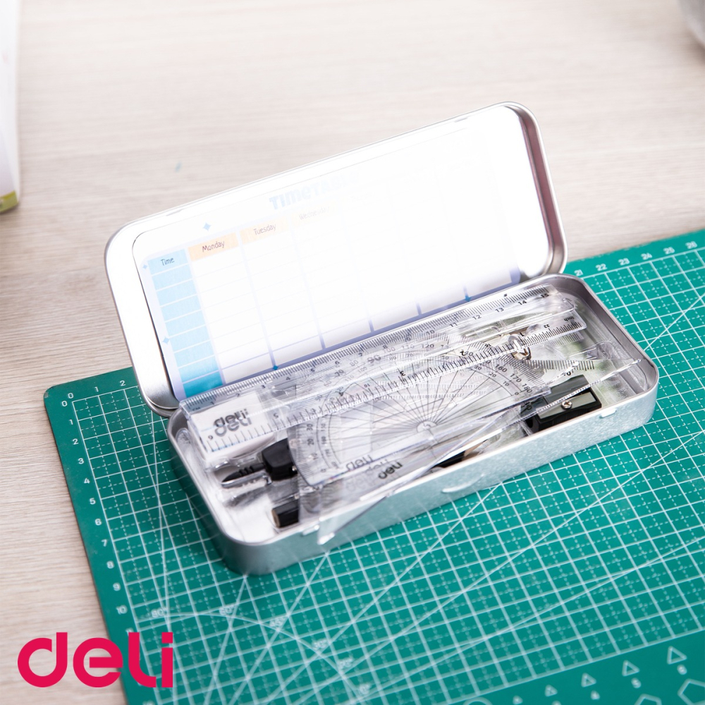 Trusa geometrie Deli, 9 piese in cutie metalica, set complet pentru scoala si desen tehnic [4]