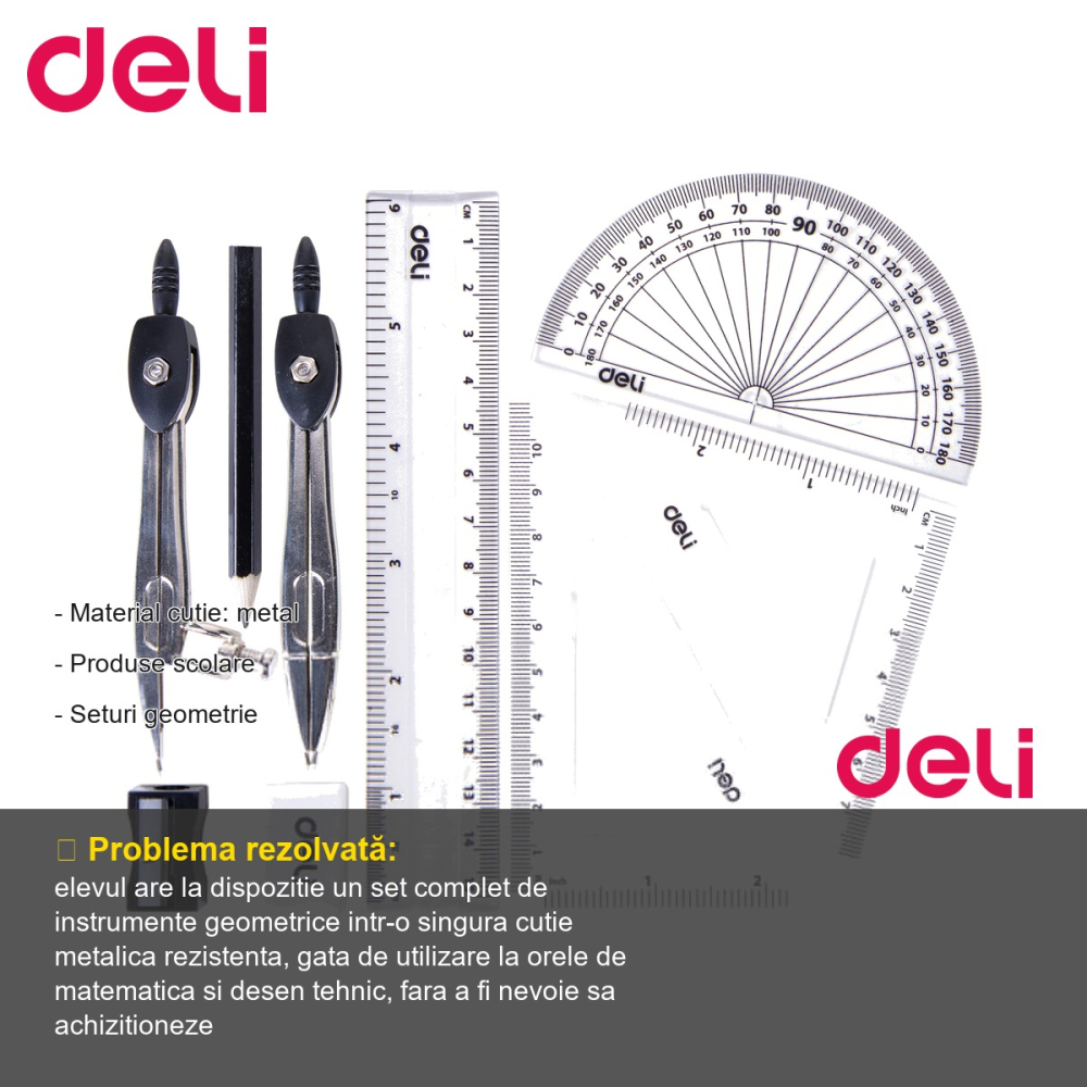 Trusa geometrie Deli, 9 piese in cutie metalica, set complet pentru scoala si desen tehnic [2]