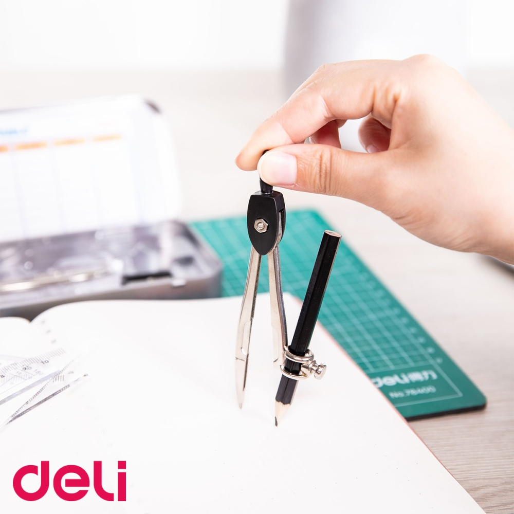 Trusa geometrie Deli, 9 piese in cutie metalica, set complet pentru scoala si desen tehnic [5]