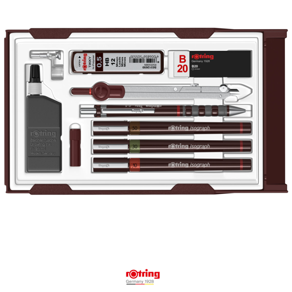 Trusa Isograph Master Rotring pentru Desen Tehnic Avansat, Set Superior cu 3 Stilouri, Compas si Accesorii Complete [1]