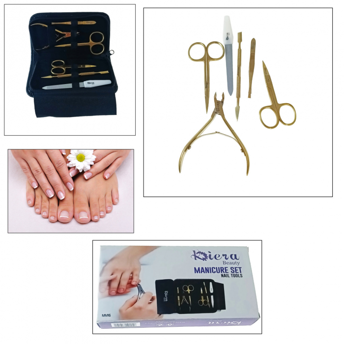Trusa manichiura cu 6 instrumente si geanta depozitare, MM16-V20 81010, pila, spatula, penseta, 2 forfecute, cleste, auriu cu negru [3]