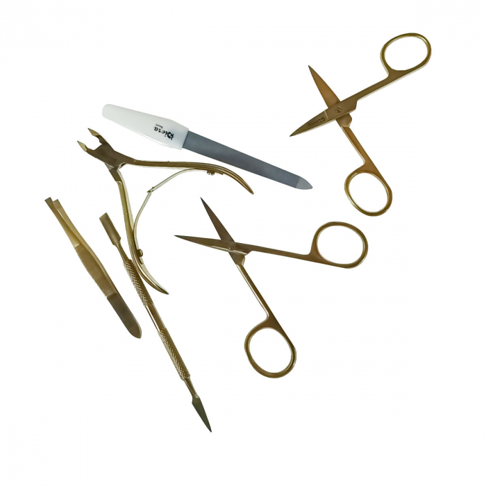 Trusa manichiura cu 6 instrumente si geanta depozitare, MM16-V20 81010, pila, spatula, penseta, 2 forfecute, cleste, auriu cu negru [2]