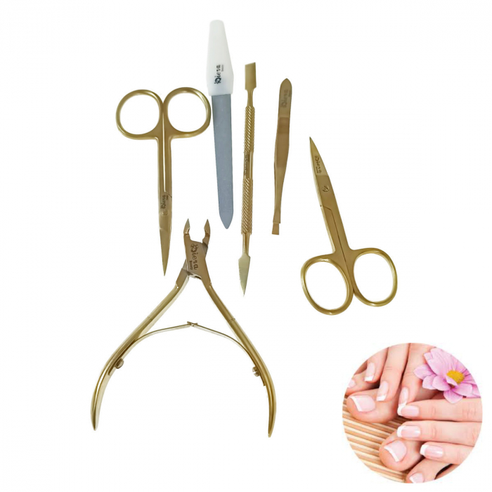 Trusa manichiura cu 6 instrumente si geanta depozitare, MM16-V20 81010, pila, spatula, penseta, 2 forfecute, cleste, auriu cu negru [5]