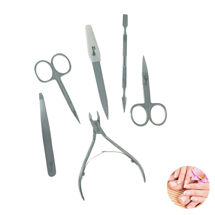 Trusa manichiura cu 6 instrumente si geanta depozitare, MM17-V18 81014, pila, spatula, penseta, 2 forfecute, cleste, negru cu argintiu [4]