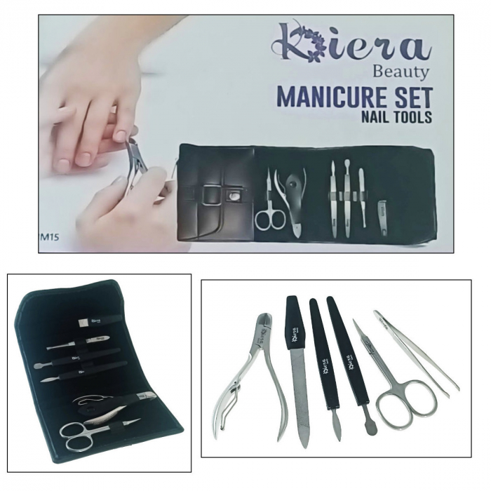 Trusa manichiura si pedichiura cu 6 instrumente si geanta depozitare, MM15-V19 81009, forfecuta, pila, cleste colturi, penseta, 2 spatule, negru cu argintiu [4]