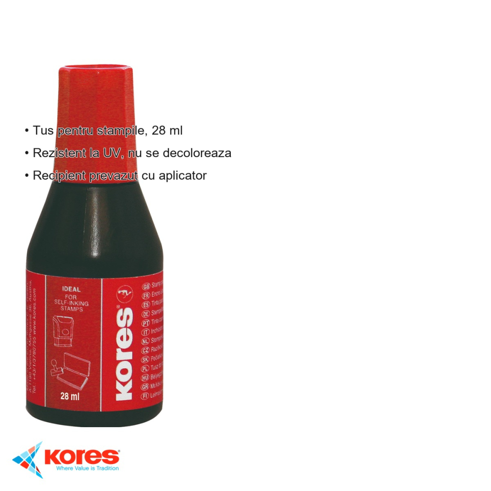 Tus pentru stampile Kores, rosu, 28 ml, rezistent UV, recipient cu aplicator [3]