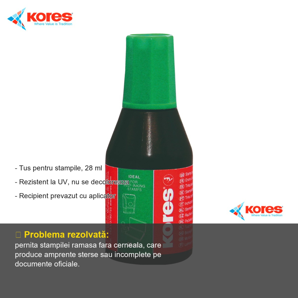 Tus pentru stampile Kores, verde, 28 ml, rezistent UV, cu aplicator inclus [2]