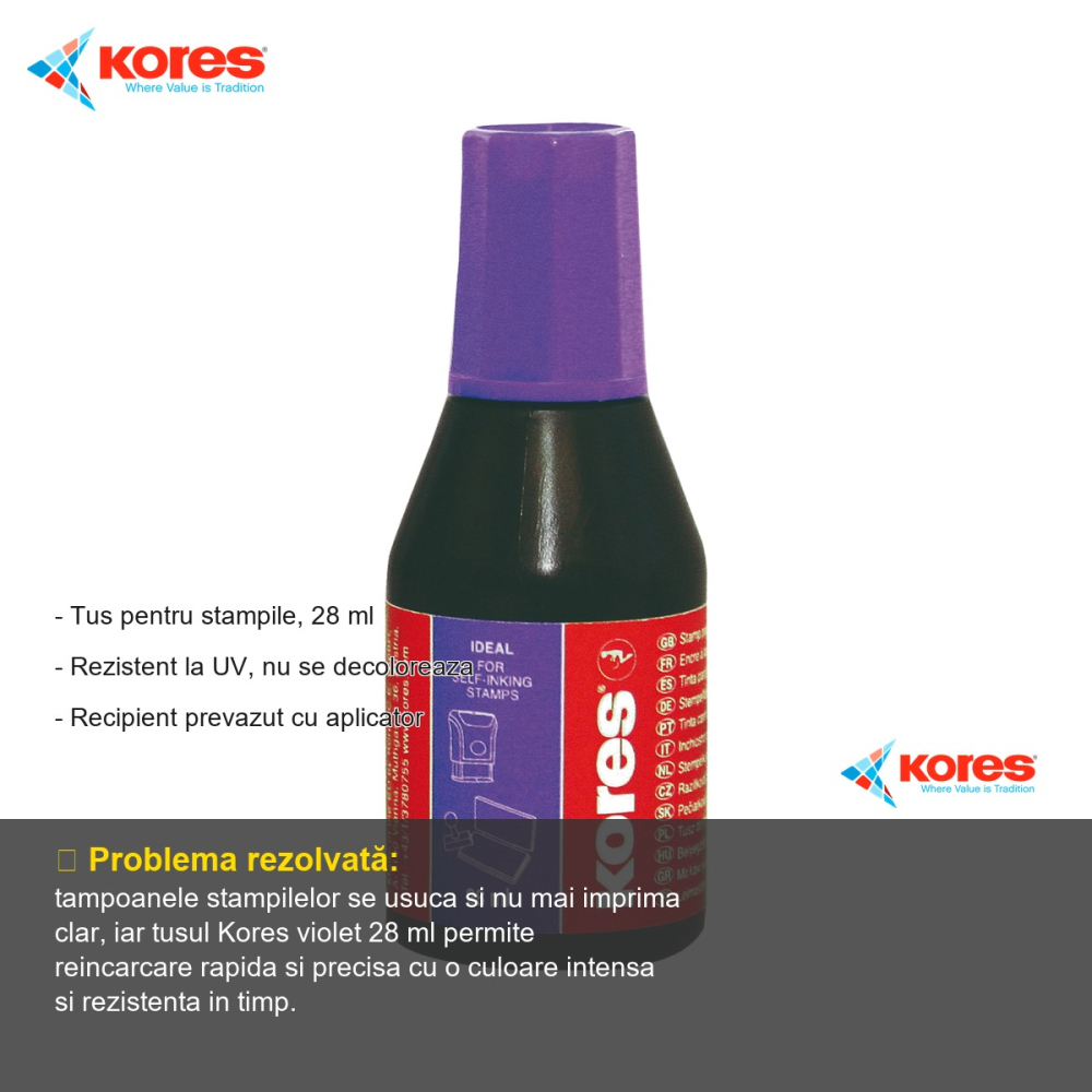 Tus pentru stampile Kores, violet, 28 ml, rezistent UV, cu aplicator inclus [2]