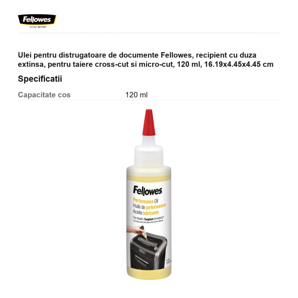 Ulei pentru distrugatoare de documente Fellowes, recipient cu duza extinsa, pentru taiere cross-cut si micro-cut, 120 ml, 16.19x4.45x4.45 cm [3]