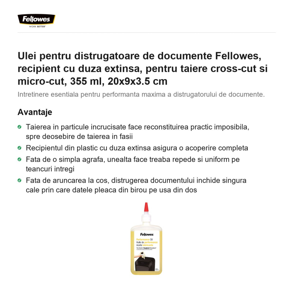Ulei pentru distrugatoare de documente Fellowes, recipient cu duza extinsa, pentru taiere cross-cut si micro-cut, 355 ml, 20x9x3.5 cm [2]