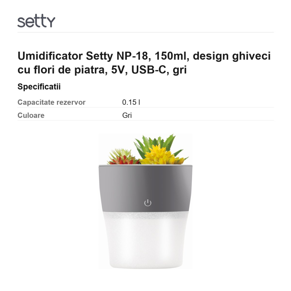 Umidificator Setty NP-18, 150ml, design ghiveci cu flori de piatra, 5V, USB-C, gri [3]