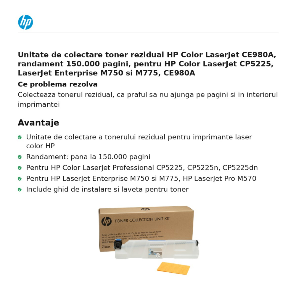Unitate de colectare toner rezidual HP Color LaserJet CE980A, randament 150.000 pagini, pentru HP Color LaserJet CP5225, LaserJet Enterprise M750 si M775, CE980A [2]