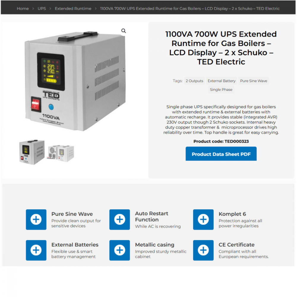 UPS Centrala Termica 1100VA 700W Runtime Extins • Sinus Pur • 2xSchuko • LCD • Baterie Externa • Komplet6 Protectie • TED Electric TED000323 [3]
