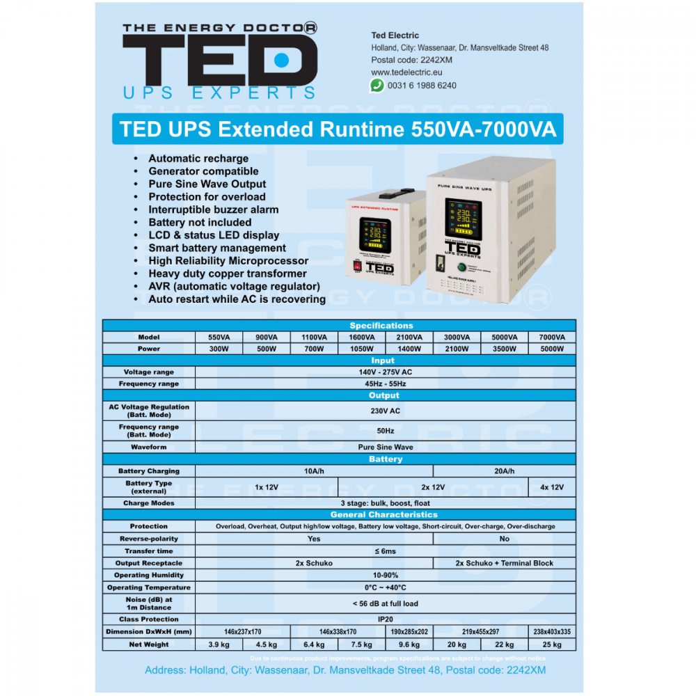 UPS Centrala Termica 1100VA 700W Runtime Extins • Sinus Pur • 2xSchuko • LCD • Baterie Externa • Komplet6 Protectie • TED Electric TED000323 [5]