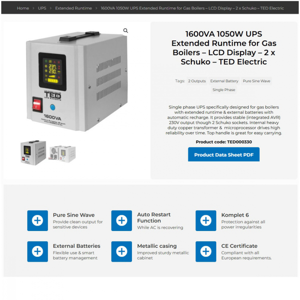 UPS Centrala Termica 1600VA 1050W Runtime Extins • Sinus Pur • 2xSchuko • LCD • 2xBaterii Externe • Komplet6 Protectie • TED Electric TED000330 [3]