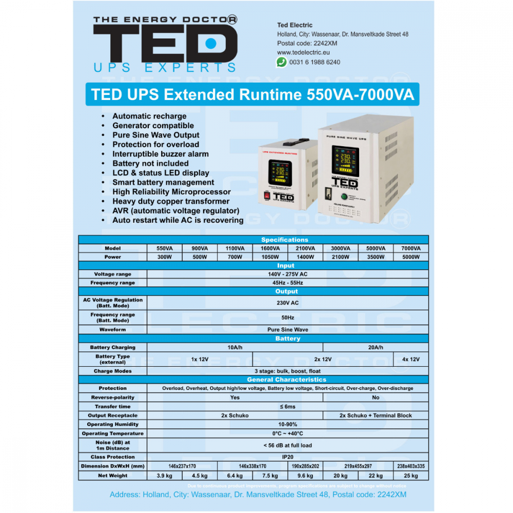 UPS Centrala Termica 550VA 300W Runtime Extins • Sinus Pur • 2xSchuko • LCD • Baterie Externa • Komplet6 Protectie • TED Electric TED000354 [5]
