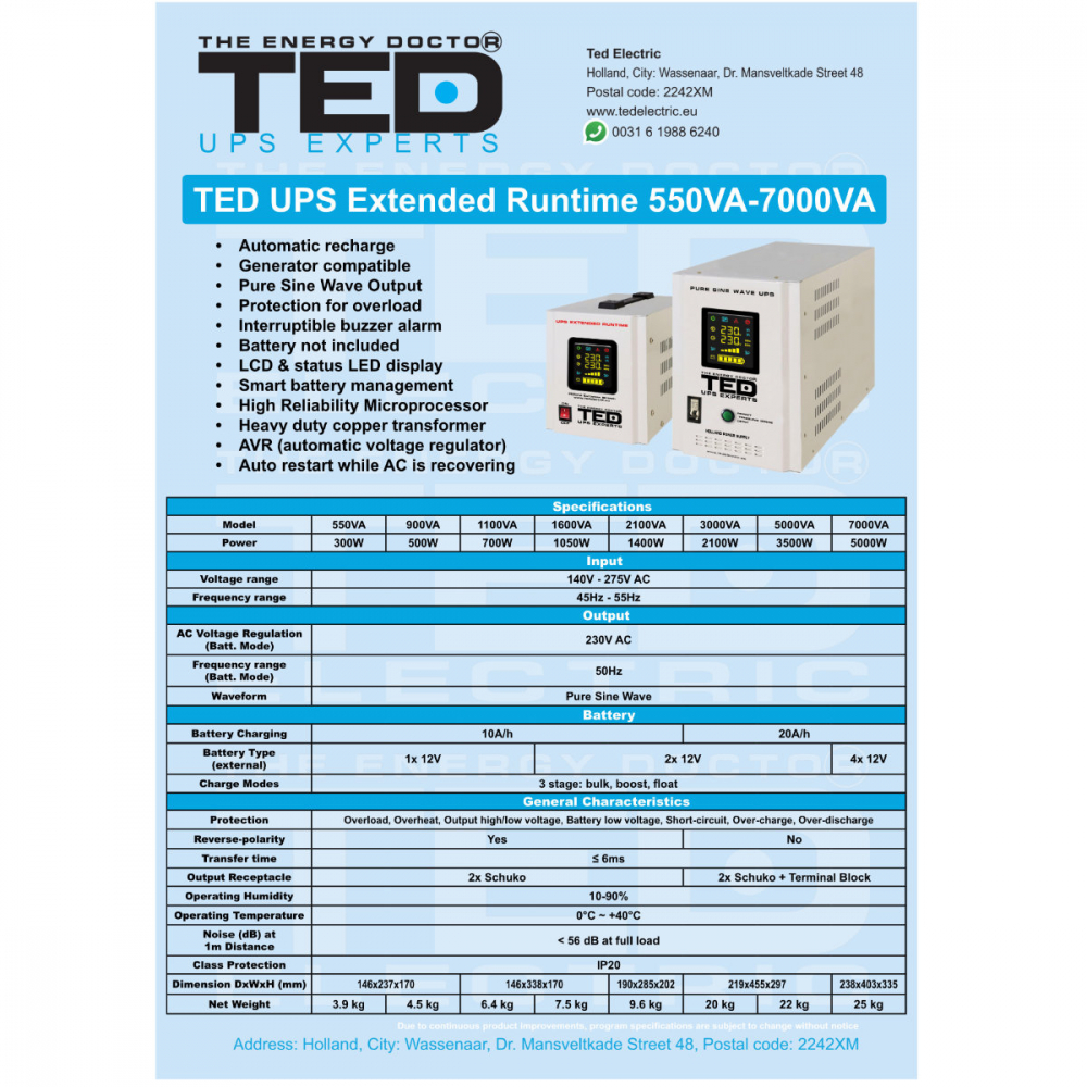 UPS Centrala Termica 900VA 500W Runtime Extins • Sinus Pur • 2xSchuko • LCD • Baterie Externa • Komplet6 Protectie • TED Electric TED000361 [5]