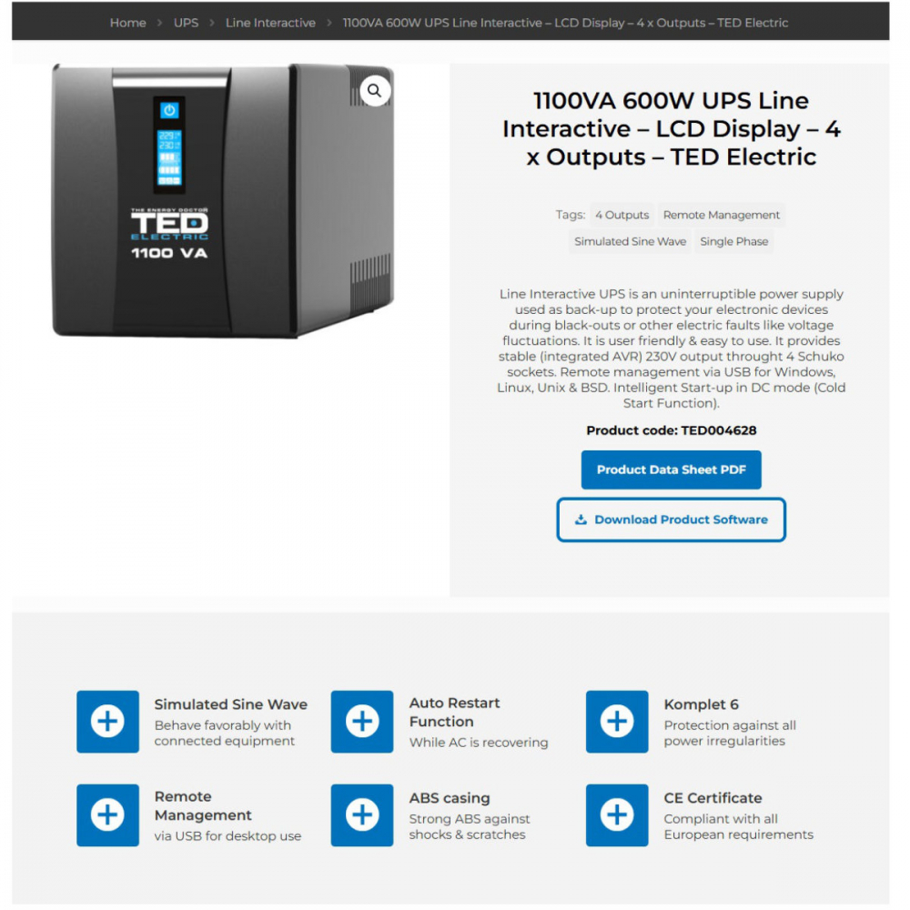 UPS Line Interactive 1100VA 600W LCD 4 Iesiri Schuko Management USB AVR pentru Retelistica & Electronice Casnice TED Electric TED004628 [5]
