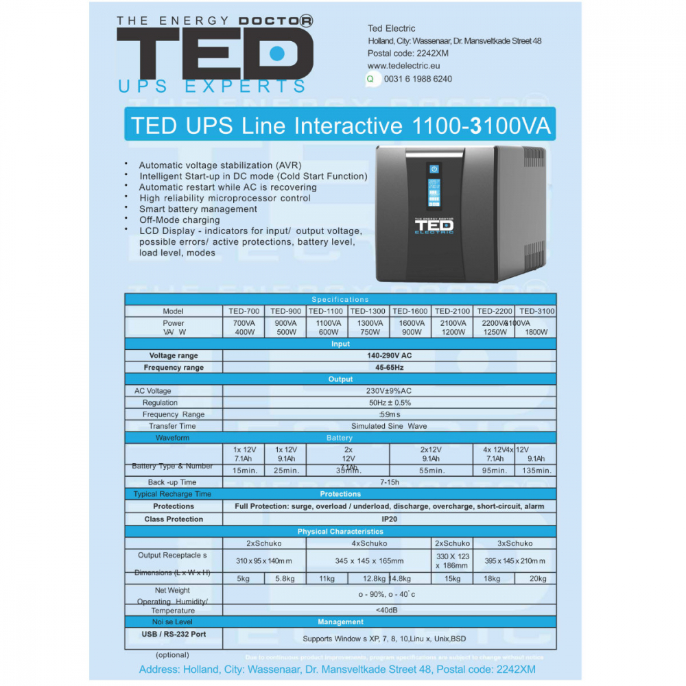 UPS Line Interactive 1300VA 750W LCD 4 Iesiri Schuko Management USB AVR pentru Servere Mici & Retelistica TED Electric TED004635 [7]