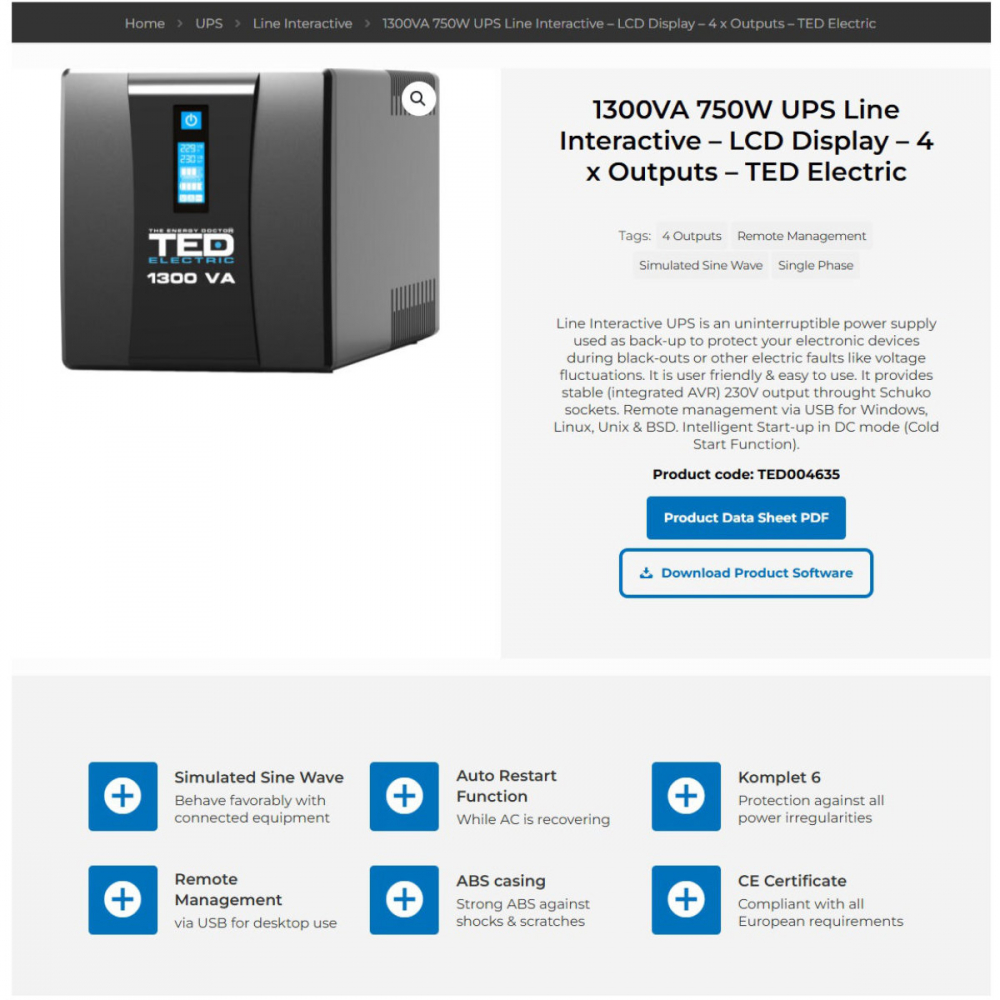 UPS Line Interactive 1300VA 750W LCD 4 Iesiri Schuko Management USB AVR pentru Servere Mici & Retelistica TED Electric TED004635 [5]