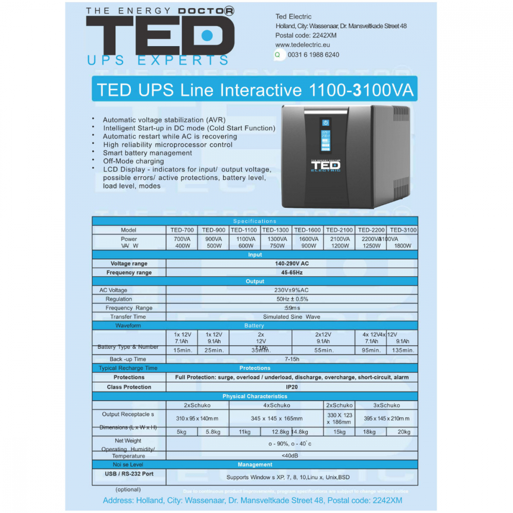 UPS Line Interactive 1600VA 900W LCD 4 Iesiri Schuko Management USB AVR Autonomie Extinsa pentru Servere & Sisteme Securitate TED Electric TED004642 [7]