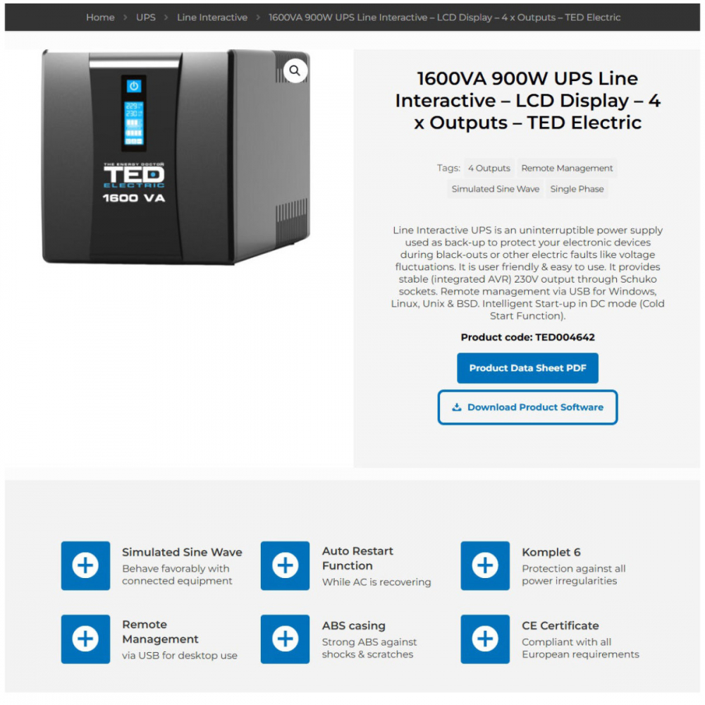 UPS Line Interactive 1600VA 900W LCD 4 Iesiri Schuko Management USB AVR Autonomie Extinsa pentru Servere & Sisteme Securitate TED Electric TED004642 [5]