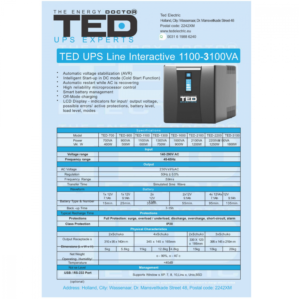 UPS Line Interactive 2100VA 1200W cu AVR, LCD, 2 Iesiri Schuko, Management USB si Protectie Komplet 6 - TED Electric TED004659 [7]