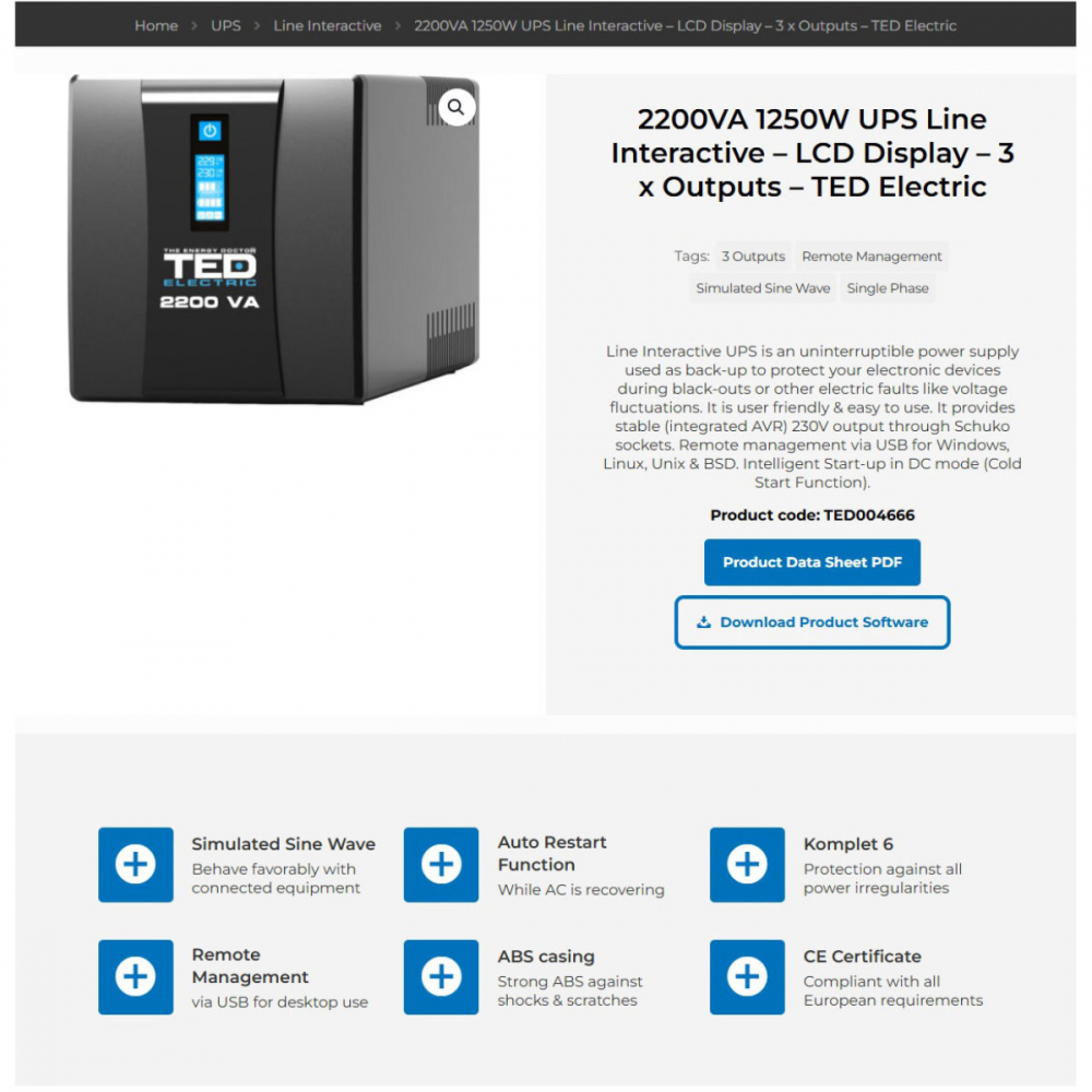 UPS Line Interactive 2200VA 1250W LCD 3 Iesiri Schuko Management USB AVR Autonomie Extinsa pentru Servere & Sisteme Securitate TED Electric TED004666 [5]