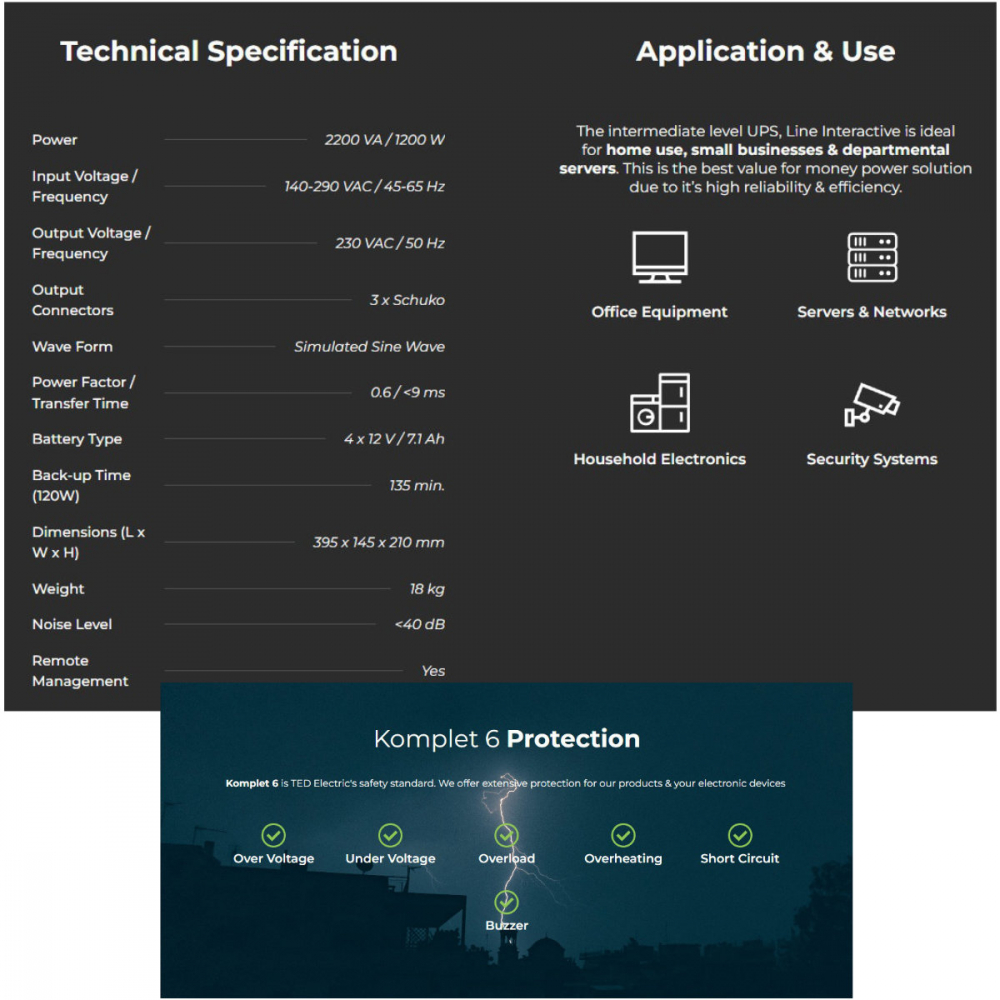 UPS Line Interactive 2200VA 1250W LCD 3 Iesiri Schuko Management USB AVR Autonomie Extinsa pentru Servere & Sisteme Securitate TED Electric TED004666 [6]