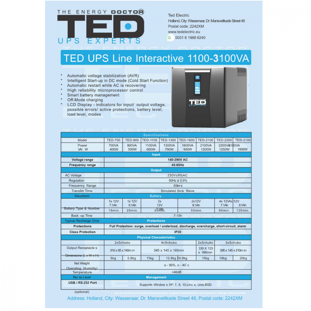 UPS Line Interactive 3100VA 1800W • 3xSchuko • Management Remote • LCD • 4xBaterii 12V 9Ah • Komplet6 Protectie • TED Electric TED004673 [7]