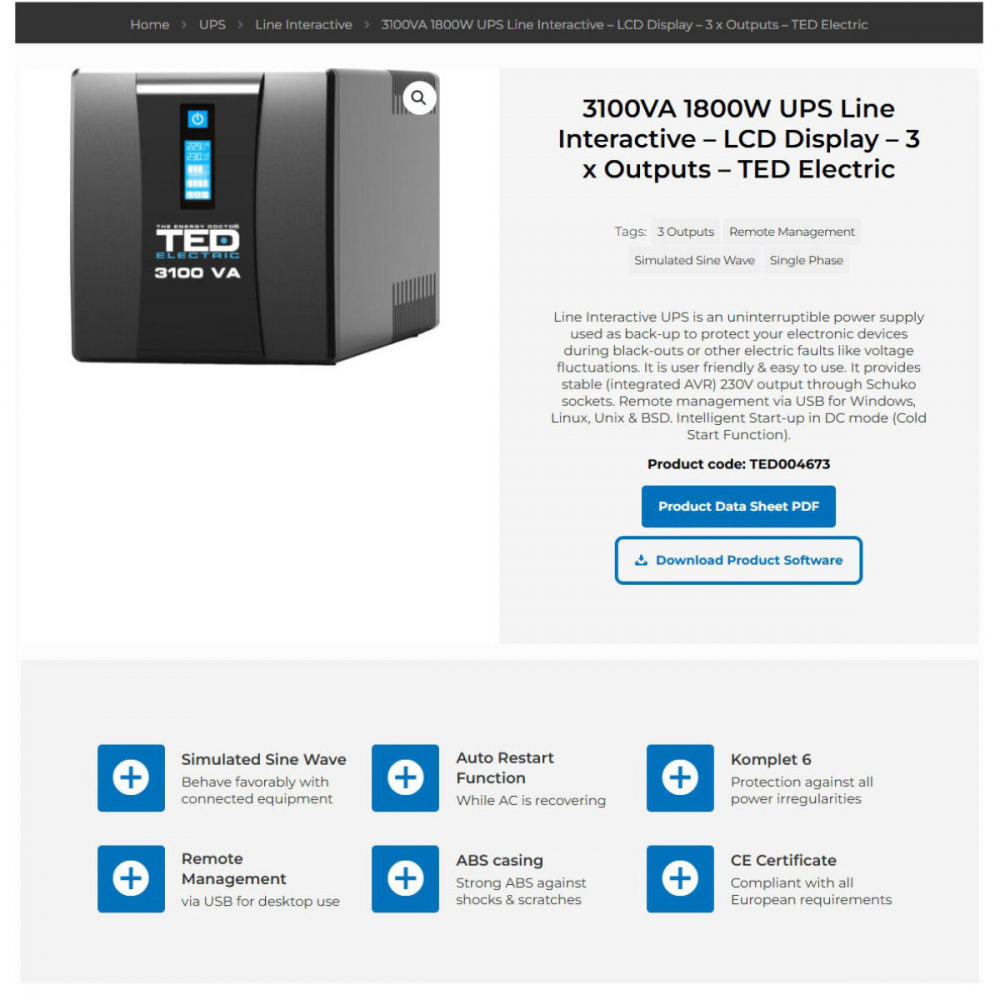 UPS Line Interactive 3100VA 1800W • 3xSchuko • Management Remote • LCD • 4xBaterii 12V 9Ah • Komplet6 Protectie • TED Electric TED004673 [5]
