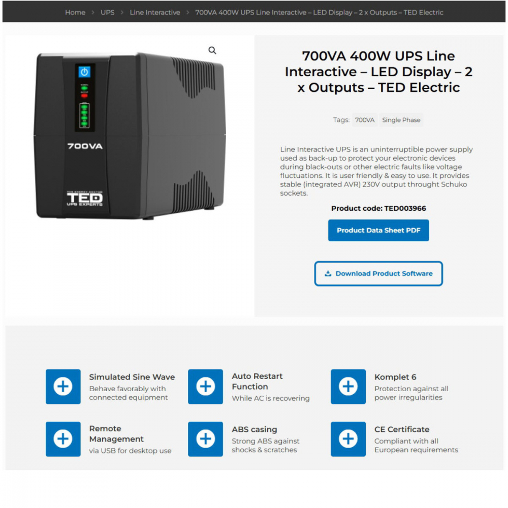 UPS Line Interactive 700VA 400W • 2xSchuko • Komplet6 Protectie • LED Display • Baterie Inclusa • TED Electric TED003966 [4]