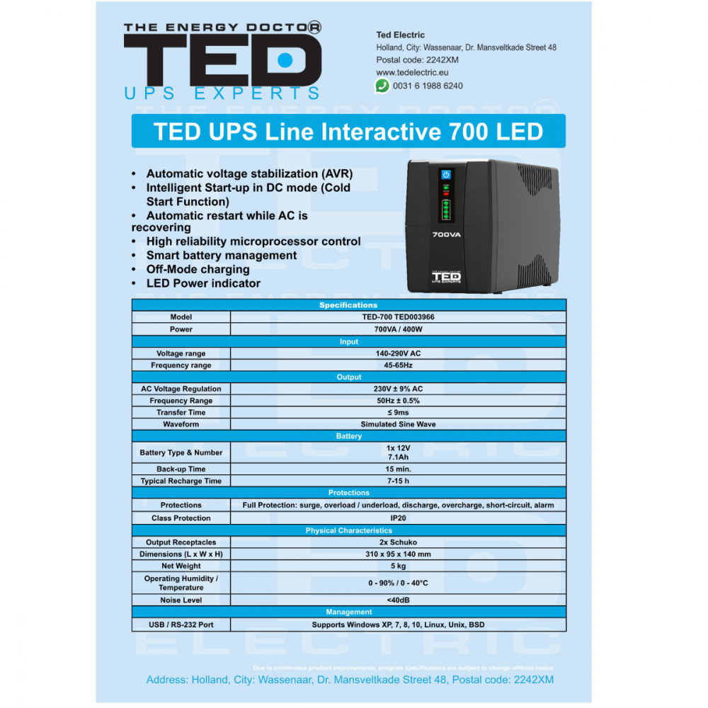 UPS Line Interactive 700VA 400W • 2xSchuko • Komplet6 Protectie • LED Display • Baterie Inclusa • TED Electric TED003966 [6]
