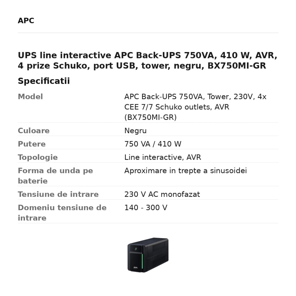 UPS line interactive APC Back-UPS 750VA, 410 W, AVR, 4 prize Schuko, port USB, tower, negru, BX750MI-GR [3]
