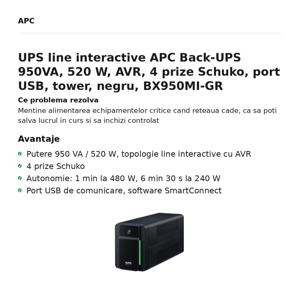 UPS line interactive APC Back-UPS 950VA, 520 W, AVR, 4 prize Schuko, port USB, tower, negru, BX950MI-GR [2]