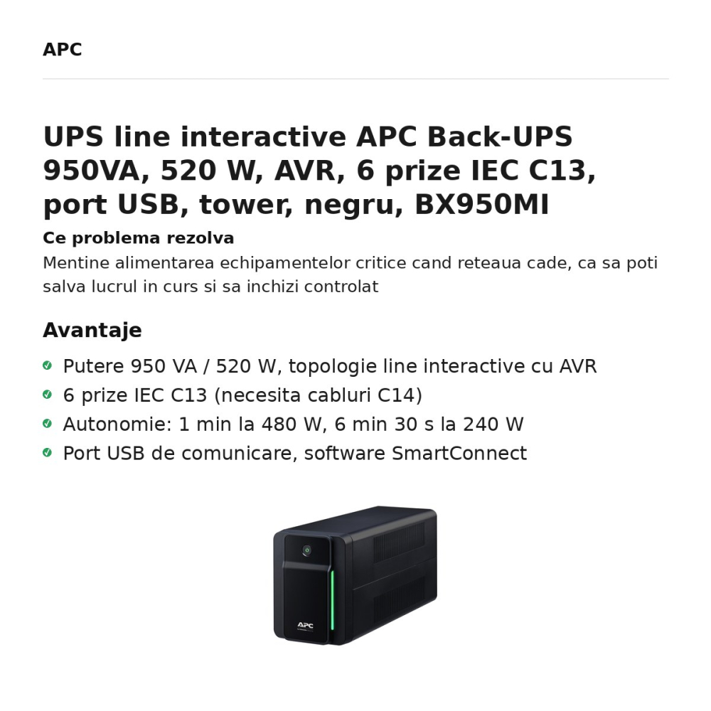UPS line interactive APC Back-UPS 950VA, 520 W, AVR, 6 prize IEC C13, port USB, tower, negru, BX950MI [2]