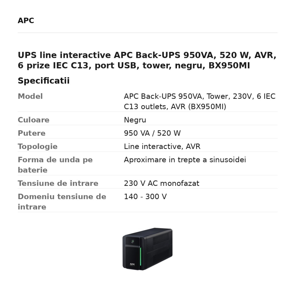 UPS line interactive APC Back-UPS 950VA, 520 W, AVR, 6 prize IEC C13, port USB, tower, negru, BX950MI [3]