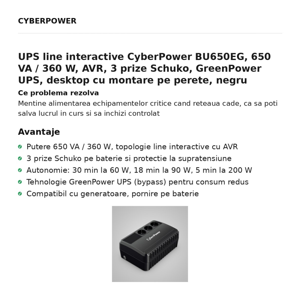 UPS line interactive CyberPower BU650EG, 650 VA / 360 W, AVR, 3 prize Schuko, GreenPower UPS, desktop cu montare pe perete, negru [2]