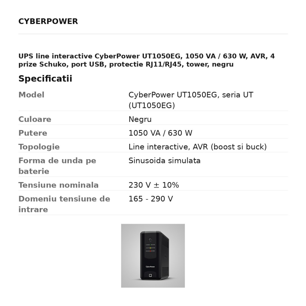 UPS line interactive CyberPower UT1050EG, 1050 VA / 630 W, AVR, 4 prize Schuko, port USB, protectie RJ11/RJ45, tower, negru [3]