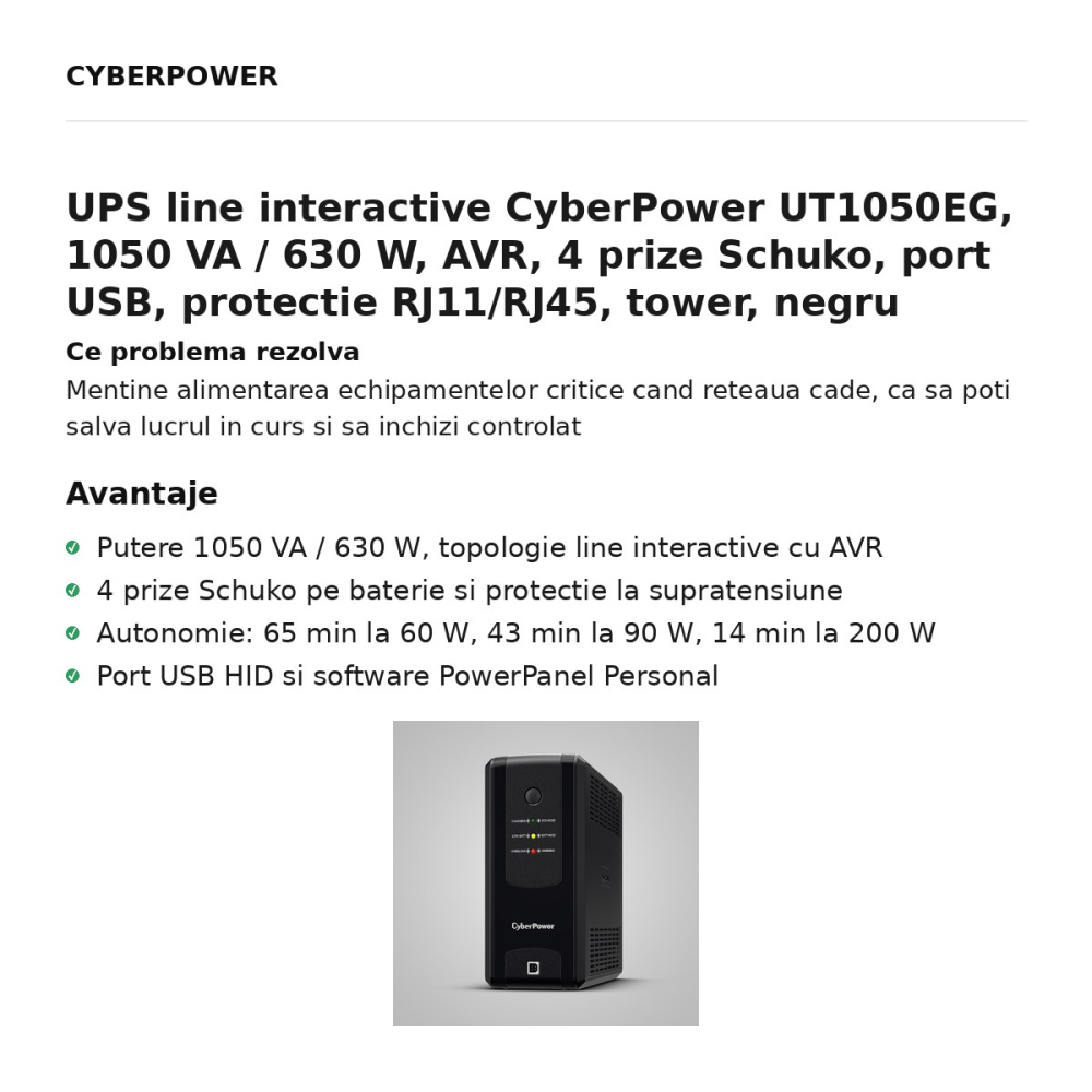 UPS line interactive CyberPower UT1050EG, 1050 VA / 630 W, AVR, 4 prize Schuko, port USB, protectie RJ11/RJ45, tower, negru [2]