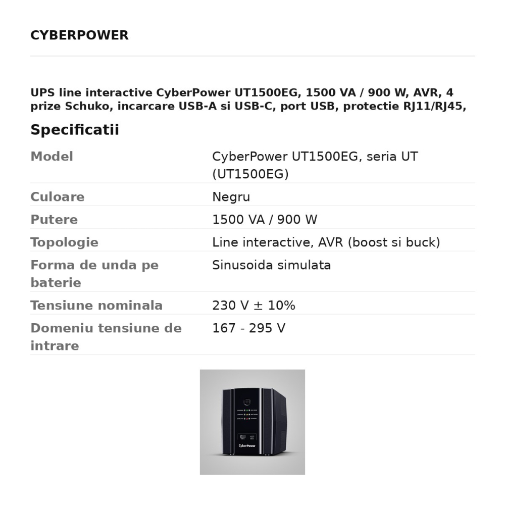 UPS line interactive CyberPower UT1500EG, 1500 VA / 900 W, AVR, 4 prize Schuko, incarcare USB-A si USB-C, port USB, protectie RJ11/RJ45, tower, negru [3]