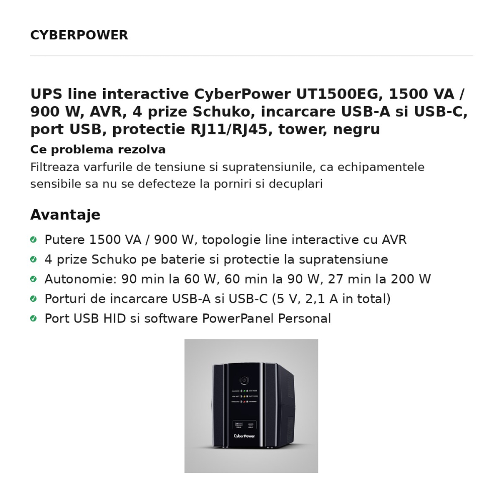 UPS line interactive CyberPower UT1500EG, 1500 VA / 900 W, AVR, 4 prize Schuko, incarcare USB-A si USB-C, port USB, protectie RJ11/RJ45, tower, negru [2]